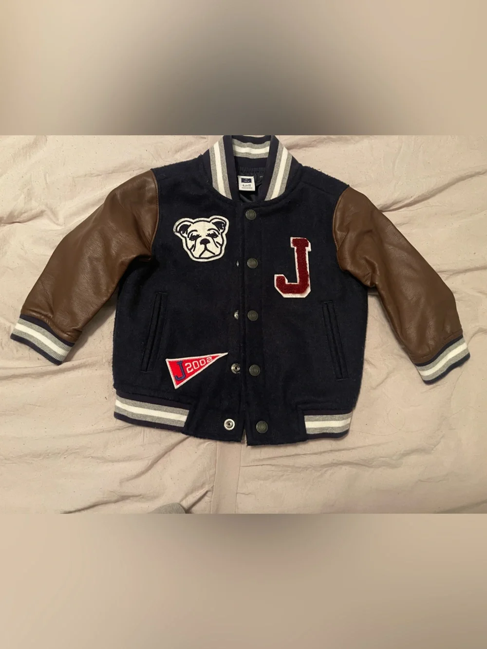 Janie and Jack Navy and Brown Letterman Varsity Jacket with Red Patch Toddler